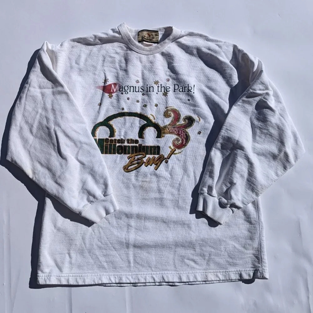 Vintage Sportop 1999  Magnus in the Park White Crew Neck Sweater Small *stain